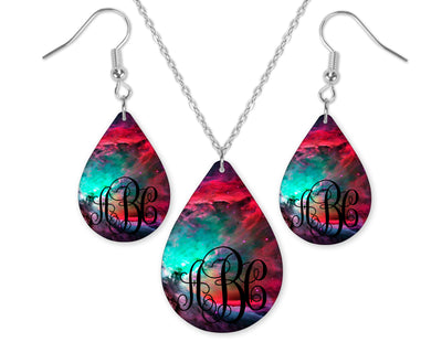 Galaxy Red Monogrammed Teardrop Earrings and Necklace Set