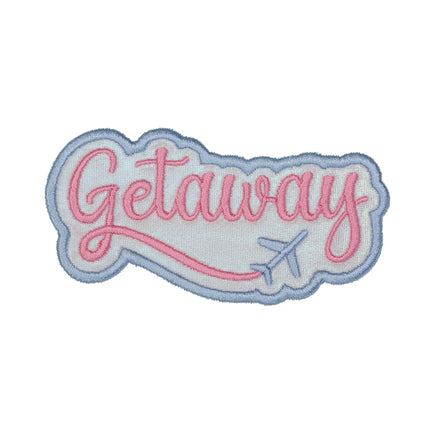 getaway embroidered patch with airplane travel design in pastel colors for jackets backpacks travel bags and vacation accessories
