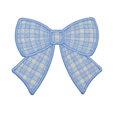 blue gingham bow embroidered patch with checkered pattern and soft coquette style design
