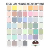 Gingham fabric color options chart showing 46 swatches for custom embroidered patches, including pink blue green yellow purple neutral and pastel fabric choices