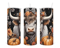 Girl Highland Cow with Pumpkins 20 oz insulated tumbler with lid and straw - Sew Lucky Embroidery