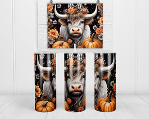 Girl Highland Cow with Pumpkins 20 oz insulated tumbler with lid and straw - Sew Lucky Embroidery