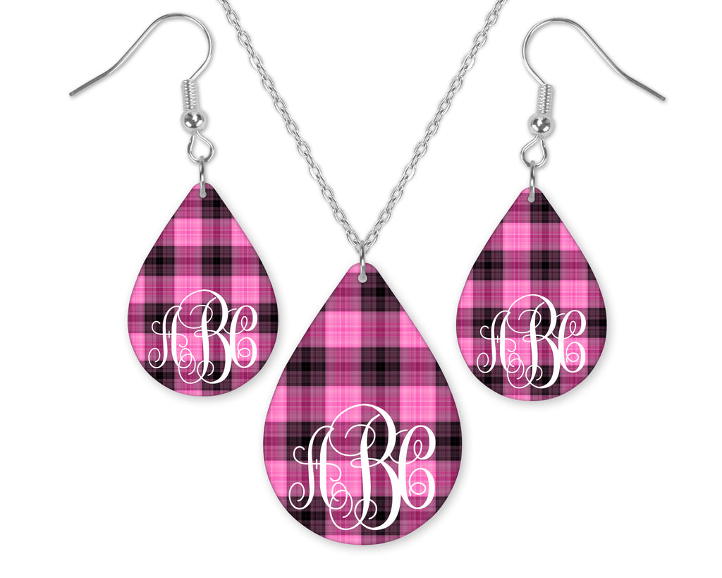 Girly Plaid Monogrammed Teardrop Earrings and Necklace Set - Sew Lucky Embroidery