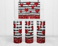 Glitter Hearts and Stripes 20 oz insulated tumbler with lid and straw - Sew Lucky Embroidery
