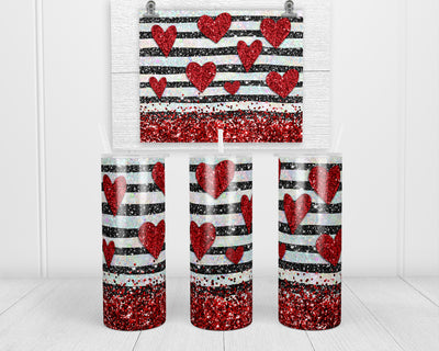 Glitter Hearts and Stripes 20 oz insulated tumbler with lid and straw
