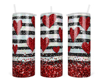 Glitter Hearts and Stripes 20 oz insulated tumbler with lid and straw - Sew Lucky Embroidery