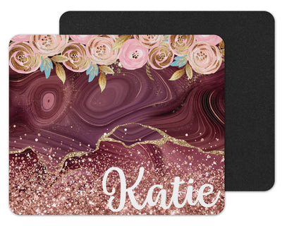 Glitter and Maroon Marble Personalized Mouse Pad