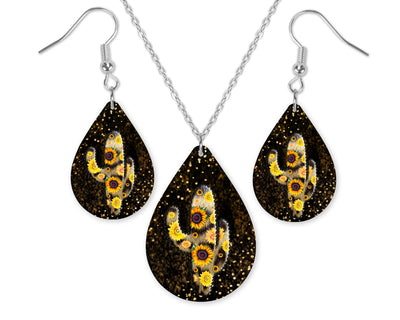 Glitter and Sunflower Cactus Teardrop Earrings and Necklace Set