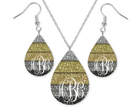 Glittery Monogrammed Teardrop Earrings and Necklace Set - Sew Lucky Embroidery