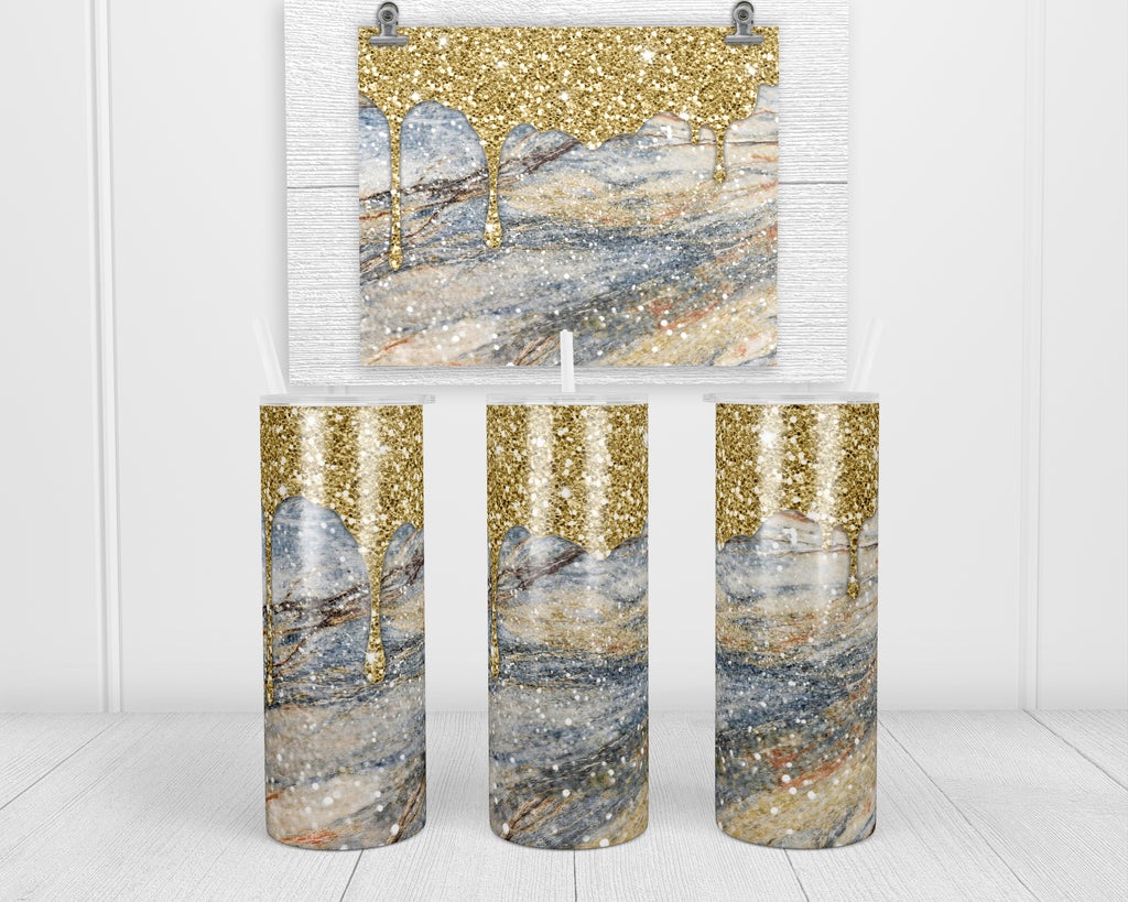 Gold Glitter Marble 20 oz insulated tumbler with lid and straw - Sew Lucky Embroidery