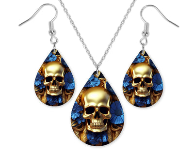 Gold Skull and Blue Floral Earrings and Necklace Set