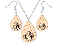 Gold Dots Monogrammed Teardrop Earrings and Necklace Set - Sew Lucky Embroidery