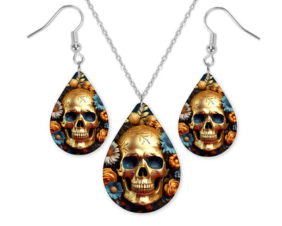 Golden Blue Skull Earrings and Necklace Set