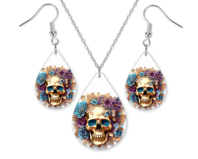 Golden Blue Floral Skull Earrings and Necklace Set