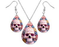 Golden Pink Skull Earrings and Necklace Set - Sew Lucky Embroidery