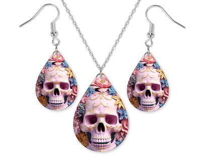 Golden Pink Skull Earrings and Necklace Set