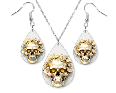 Golden White Floral Skull Earrings and Necklace Set