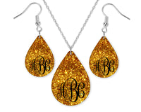 Golden Glittery Monogrammed Teardrop Earrings and Necklace Set - Sew Lucky Embroidery