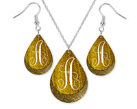 Golden Glitter Monogrammed Teardrop Earrings and Necklace Set - Sew Lucky Embroidery