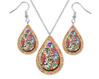 Gold Glitter and Floral Teardrop Earrings and Necklace Set - Sew Lucky Embroidery