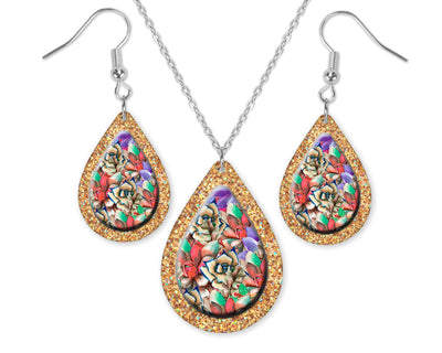 Gold Glitter and Floral Teardrop Earrings and Necklace Set