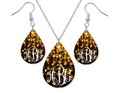 Gold Sparkles Monogrammed Teardrop Earrings and Necklace Set