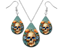 Green Floral Gold Skull Earrings and Necklace Set - Sew Lucky Embroidery