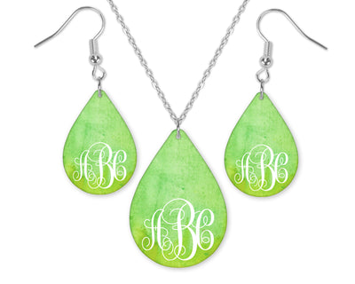 Green Monogrammed Teardrop Earrings and Necklace Set