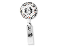 Grey Floral Monogram Badge Reel - Sew Lucky Embroidery