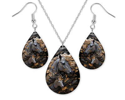 Gray and Gold Horses Earrings and Necklace Set