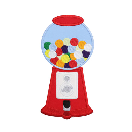 Gumball machine embroidery patch featuring a red retro candy dispenser with colorful stitched gumballs inside a blue globe and satin stitched edges, isolated on a white background. This vintage candy machine sew on patch is ideal for birthday party decor, kids clothing, jackets, backpacks, and fun themed sewing projects.