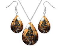 Halloween Mansion Earrings and Necklace Set - Sew Lucky Embroidery