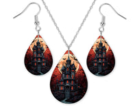 Haunted House with Full Moon Earrings and Necklace Set - Sew Lucky Embroidery