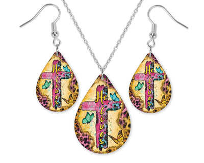 He Lives Cross Teardrop Earrings and Necklace Set