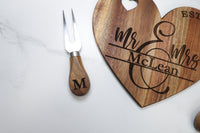 Personalized Heart-Shaped Acacia Wood Cheese Board for Two - Mini Charcuterie Board - Sew Lucky Embroidery