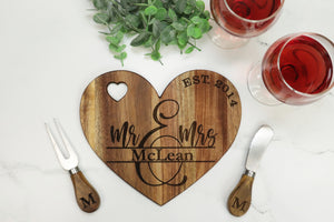 Personalized Heart-Shaped Acacia Wood Cheese Board for Two - Mini Charcuterie Board - Sew Lucky Embroidery