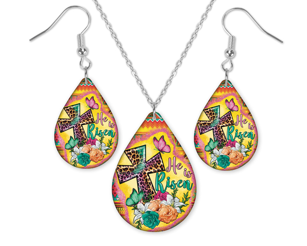 He is Risen Cross Teardrop Earrings and Necklace Set - Sew Lucky Embroidery