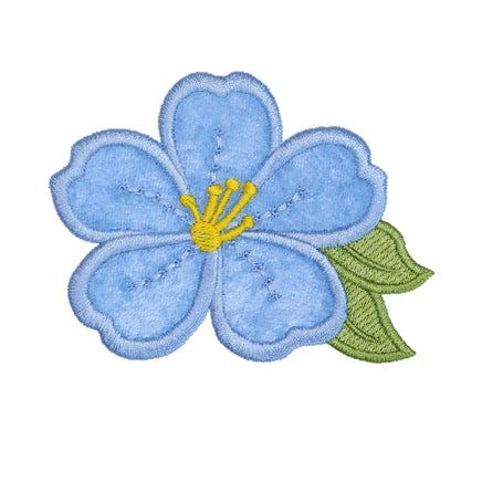 Coastal hibiscus flower patch blue embroidered appliqué with yellow center and green leaves tropical style patch