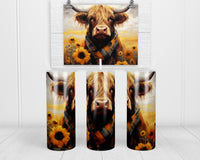 Highland Bull with Sunflower Fall 20 oz insulated tumbler with lid and straw - Sew Lucky Embroidery