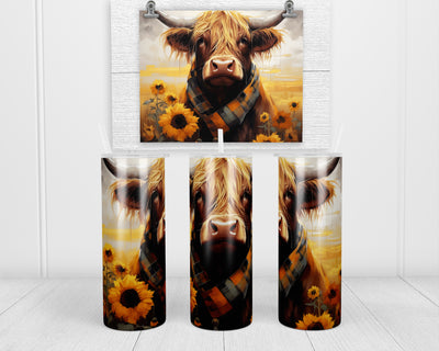 Highland Bull with Sunflower Fall 20 oz insulated tumbler with lid and straw