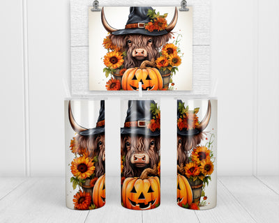 Highland Calf as Halloween Witch 20 oz insulated tumbler with lid and straw
