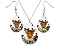 Highland Cow Leopard Earrings and Necklace Set - Sew Lucky Embroidery