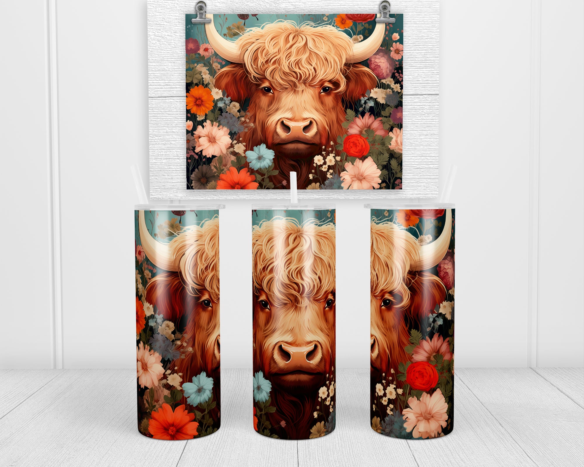 Wood Sunflower Cow print 20 oz insulated tumbler with lid and straw