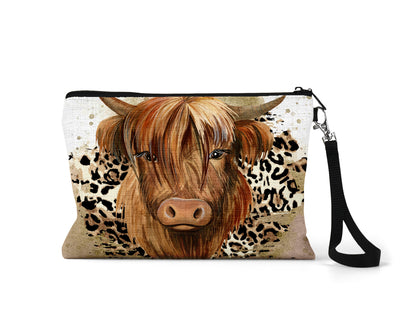 Highland Cow with Leopard Print Makeup Bag