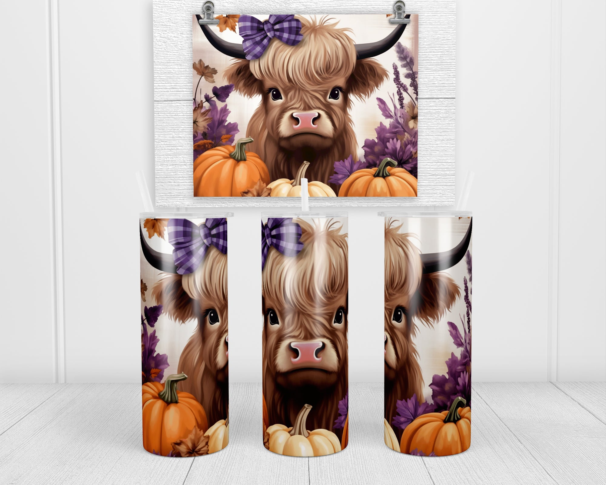 Watercolor Fall Highland Cow 20 oz insulated tumbler with lid and straw