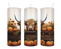 Highland Cow with Pumpkins and Sunflowers 20 oz insulated tumbler with lid and straw - Sew Lucky Embroidery