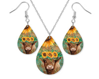 Highland Cow with Sunflower Crown Earrings and Necklace Set - Sew Lucky Embroidery