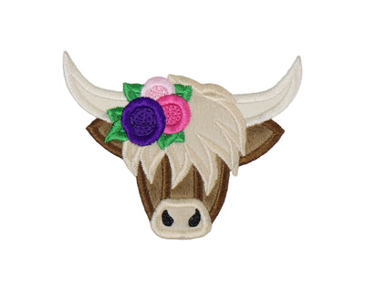 Highland Cow with Flowers Sew or Iron on Embroidered Patch