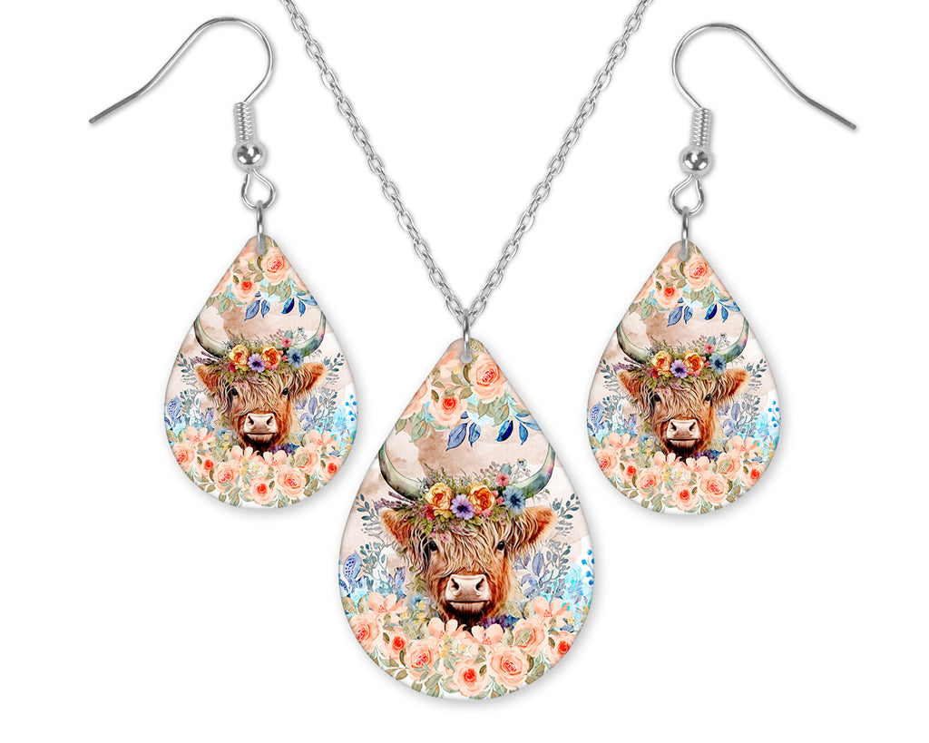 Highland Floral Cow Earrings and Necklace Set - Sew Lucky Embroidery