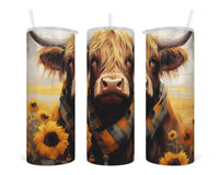 Highland Bull with Sunflower Fall 20 oz insulated tumbler with lid and straw - Sew Lucky Embroidery